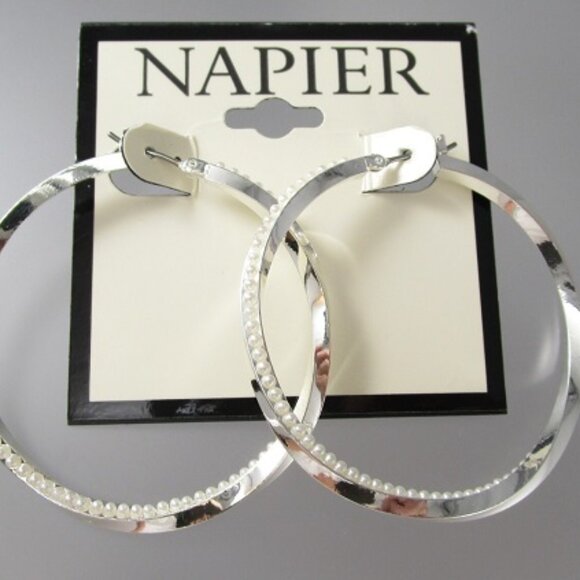 Napier Jewelry - NAPIER Mod/Contemporary Twisted Silver White Pearl 1.85" Hoop Earrings**NEW!